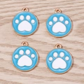 Set of 4 gold-plated alloy pendants with blue enamel flower and white paw print pattern - 10 Pieces Pack / Blue Paw Prints