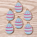 Sky blue Easter egg alloy pendants with pink stripes and heart patterns for DIY crafts - 10 Pieces Pack / Blue Heart Wave (YD1118)