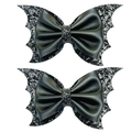 Detail of bat wing bow hair clips with black matte faux leather and silver sequins texture - Pair / Black