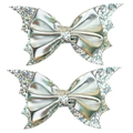Close-up of Halloween bat wing hair clips with silver bow and colorful sequins - Pair / Silver