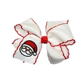 Detail of a festive bow hair clip with Santa Claus embroidery on white ribbed ribbon - White (MC6665)