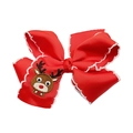 Detail view of a red grosgrain Christmas bow hair clip with reindeer embroidery and white lace - Red (MC6667)