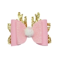Detailed view of pink Christmas reindeer antler hair clip with bow and soft pom pom - 1 Piece / Pink (MC6685)