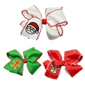 Close-up of Christmas ribbon hair clips with Santa, gingerbread, and reindeer embroidery - Multicolor Set (MS6668)
