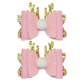 Detail of pink leather hair clips with golden glitter reindeer antlers and pom poms - 2 Pcs/Set / Pink (MS6687)