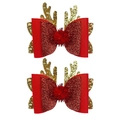 Detail of red Christmas bow hair clips with gold reindeer antlers and soft pom-poms - 2 Pcs/Set / Red (MS6688)