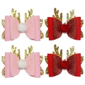 Glitter Christmas reindeer antler hair clips with plush pom-poms and bowknot for girls - Pink + Red (MS6689)