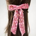 Barrette à cheveux en velours rose avec perles et cristaux en forme de cœur sur rubans - Rose
