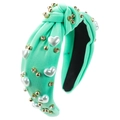 Detail of mint green knotted headband with heart pearls, gold beads and rhinestones - Mint Green
