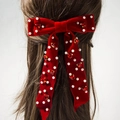 Fermaglio per capelli in velluto rosso con fiocco multistrato, perle e strass a cuore - Rosso