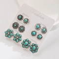 Detalle del set de pendientes turquesa con motivos florales vintage y formas geométricas - Juego Temático Verde (6 Pares)