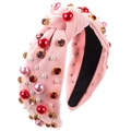 Pink twisted velvet headband featuring elegant red and pink pearls with crystal accents - Light Pink