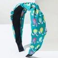 Paashoofdband met knoop, cyaan stof met prints van konijnen en kleurrijke eieren - Cyaan