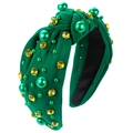 Green fabric knotted headband with emerald pearls and yellow rhinestones - Green