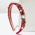 Détail d'un serre-tête en velours rouge vintage avec perles baroques et cristaux rouges - Rouge