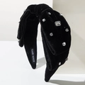Elegant black velvet knotted headband with rhinestones for women, handmade style - White