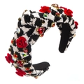 Detail of houndstooth headband with red velvet roses and sparkling heart crystals - Floral