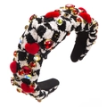 Detail of sponge headband with houndstooth pattern, red flocking hearts and rhinestones - Heart