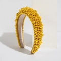 Serre-tête rembourré chic avec perles jaunes et base en tissu côtelé marron pour femme - Jaune