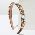 Diadema barroca de terciopelo marrón con perlas de corazón rosa y cristales ámbar - café