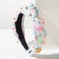 Checkered Easter headband with sparkling rhinestones and colorful cute bunny charms - Tiffany Blue