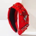 Diadema roja con nudo decorada con pedrería y aplicaciones brillantes de corazón y tulipán - Corazón Rosa