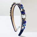 Serre-tête baroque en velours bleu marine avec cristaux bleus et perles blanches - Bleu