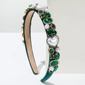 Serre-tête baroque en velours vert foncé avec perles en cœur et pierres précieuses vertes - Vert