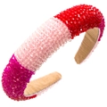 Vue détaillée du serre-tête fait main avec perles de cristal rose et rouge et doublure - Rose Rouge