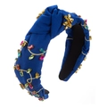 Close-up of royal blue knotted headband with handcrafted colorful rhinestones and floral details - Blue