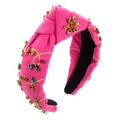 Detail of hot pink knotted headband with colorful rhinestone floral vine patterns - Rose Red