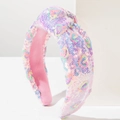 Detail of pink knotted headband featuring colorful heart sequins and soft suede lining - Light Pink