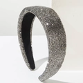 Detail of gray crystal rhinestone headband with thick sponge padding and black fabric lining - Bright Black