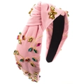 Pink knotted headband with colorful rhinestones and gold embroidery details - Pink