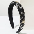 Elegante diadema ancha negra con motivos de flores de strass blancos y toques dorados - Negro y Blanco