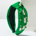 Serre-tête noué en tissu vert avec breloques lapins de Pâques et strass dorés brillants - Vert