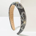 Diadema acolchada de lujo con pedrería de colores y flores de cuentas sobre negro - Blanco Roto Gris