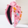 Rosa geknotetes Oster Stirnband mit bunten Strasssteinen und süßen Hasenfiguren - Strass Hase