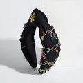 Baroque knotted black headband with colorful rhinestones and gold embroidery details - Black