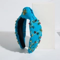 Knot headband in bright blue fabric with colorful rhinestones and gold embroidery - Light Blue
