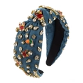 Barokke denim haarband met fonkelende strassteentjes en schattige paashaas en wortel bedeltjes - Denim Blauw