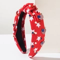 Red knotted headband with white stars, faux pearls, and US flag heart charms - Red