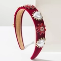 Cerchietto in velluto bordeaux con cuori di perle e fiori di cristallo rubino barocco - Rosso