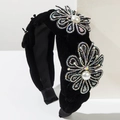 Diadema Barroca de terciopelo negro con flores de diamantes y perlas blancas - Negro