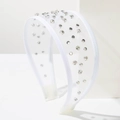 Modern white mesh wide headband featuring clear rhinestones and silver metal rivets decoration - White