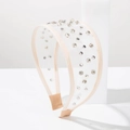 Beige tulle headband with silver rivets and sparkling rhinestones for elegant hair styling - Beige