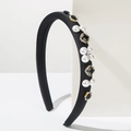 Elegante diadema ancha negra con perlas blancas y pedrería brillante para mujer - Negro