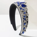 Baroque style wide headband with white rhinestones and blue crystals on black fabric - Blue