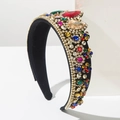 Baroque style wide headband with colorful rhinestones and crystals on black velvet base - Colorful