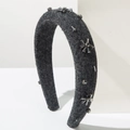 Detail of dark grey felt headband with hand-sewn crystal beads and rhinestones - Black